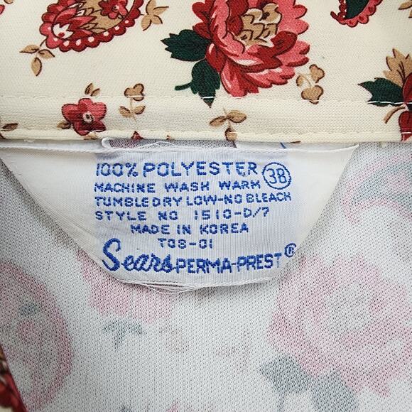 VTG Sears Shirt Womens 38 Cream Red Floral Paisley Perma-Prest Short Sleeve 70s - Picture 2 of 11